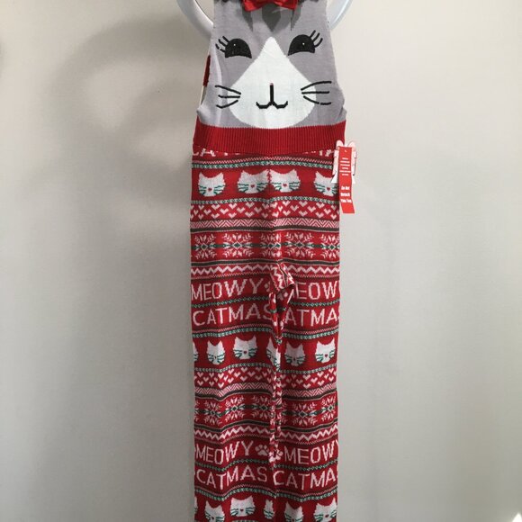 NWT EYESHADOW Meowy Catmas Cat Christmas Reindeer Antlers Applique Knit Overalls - Picture 7 of 16